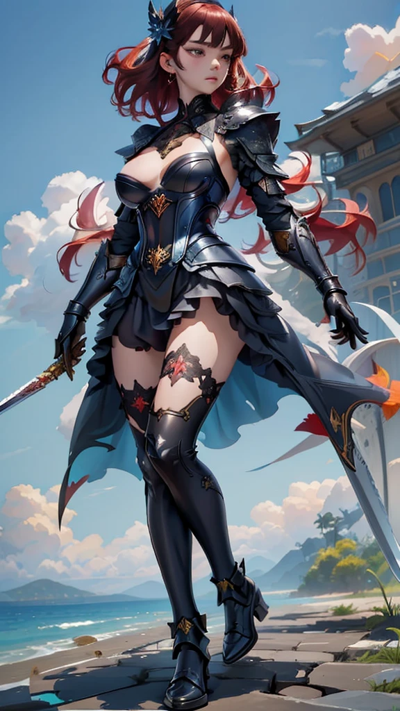 (masterpiece, 4K ,Super detailed:1.2), (anime:1), (Perfect quality), (((Adult body))), ((Swinging a big sword, Combat Ready)), The whole body is shown, Looking at the viewer, Big body, Commander of the army、Black Armor, Heavy equipment, A look of contempt, Red hair, brutal, violent