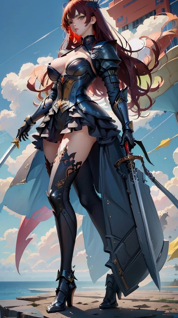 (masterpiece, 4K ,Super detailed:1.2), (anime:1), (Perfect quality), (((Adult body))), ((Swinging a big sword, Combat Ready)), The whole body is shown, Looking at the viewer, Big body, Commander of the army、Black Armor, Heavy equipment, A look of contempt, Red hair, brutal, violent