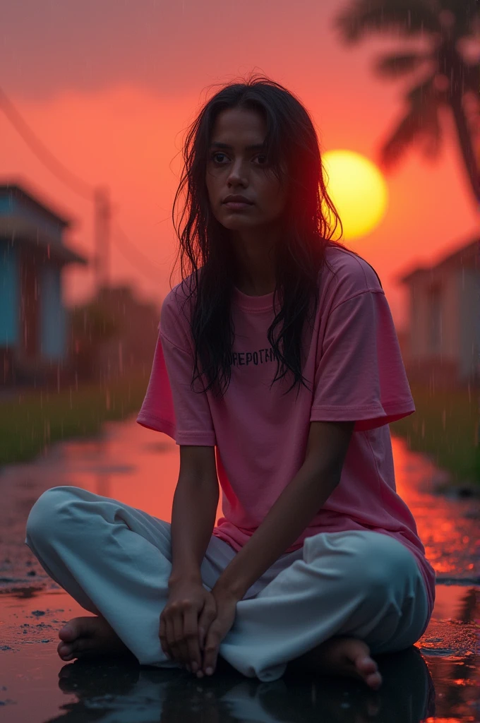 l sad Indian girl in twenties wearing oversized pink t-shirt and white long pants and drenching in heavy rain sitting outside alone and looking at sun set