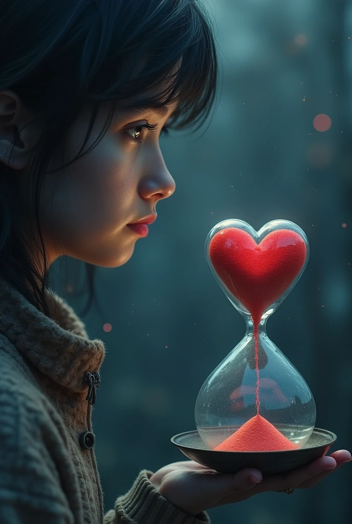 a person looking at the horizon with a sad expression, Watery eyes, Blurred background with blue and gray tones, Realistic style, "
"A heart divided into two halves, Each half on an opposite side of an unbalanced scale, Dark background with stars, Gothic style,"
"An hourglass with sand that drains quickly.