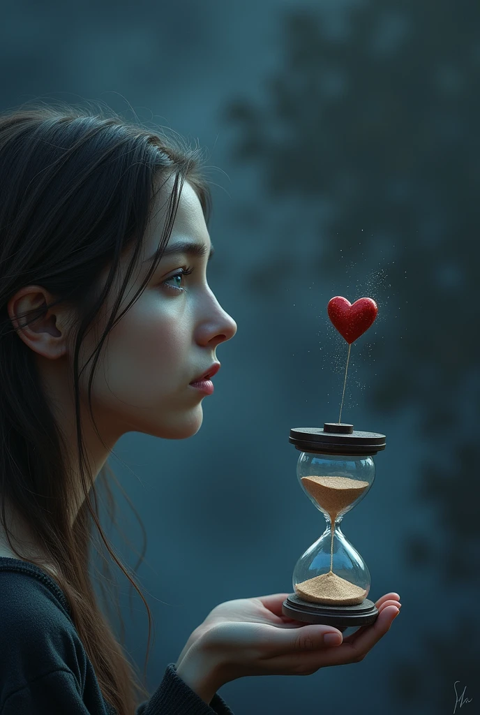 a person looking at the horizon with a sad expression, Watery eyes, Blurred background with blue and gray tones, Realistic style, "
"A heart divided into two halves, Each half on an opposite side of an unbalanced scale, Dark background with stars, Gothic style,"
"An hourglass with sand that drains quickly.