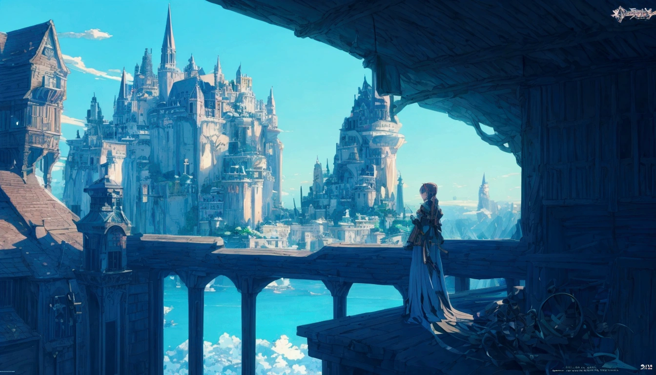 Standing on the shelf、Anime girl looking at a fantasy city with a castle in the background, Beautiful anime scene, A female adventurer with her back turned looking at the bridge leading to a fantastical town, Anime Background art, Beautiful fantasy anime, Anime fantasy artwork, Beautiful anime scenery, Beautiful peaceful scene in anime, anime art wallpaper 4k, anime art wallpaper 4k, Anime fantasy illustration, Anime Background, 4k anime wallpaper