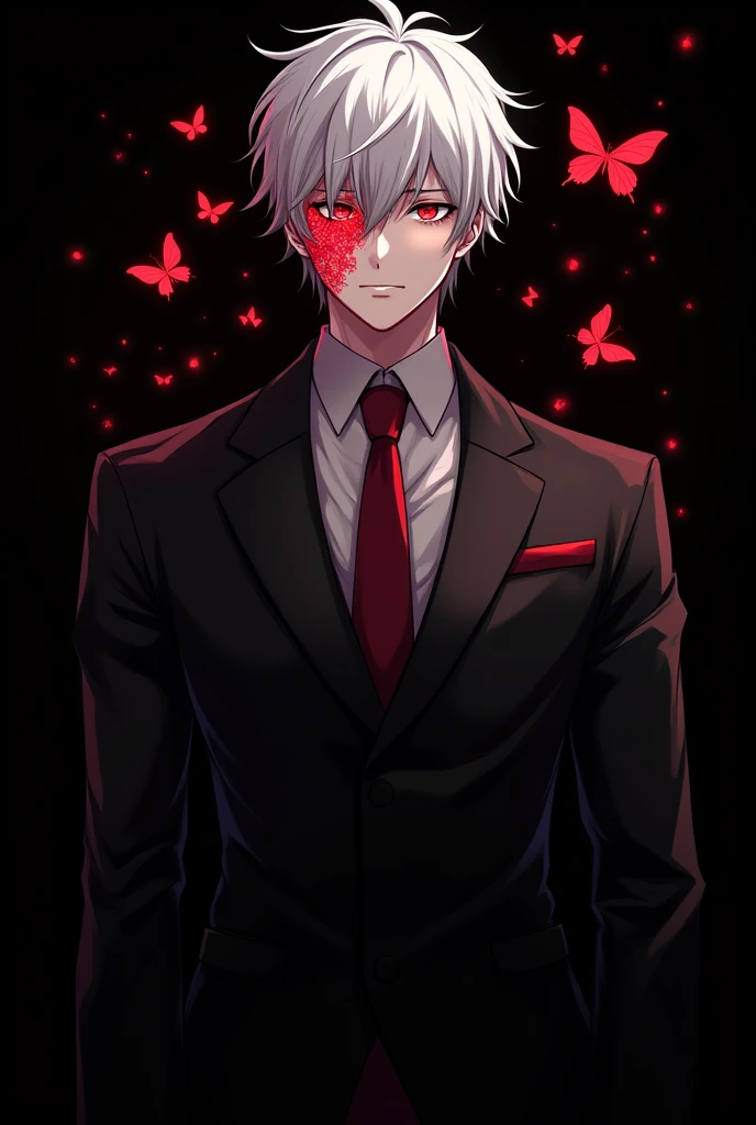Muscular Kaneki San from the anime Tokyo Ghoul with red butterflies on his face looking straight ahead on black background
