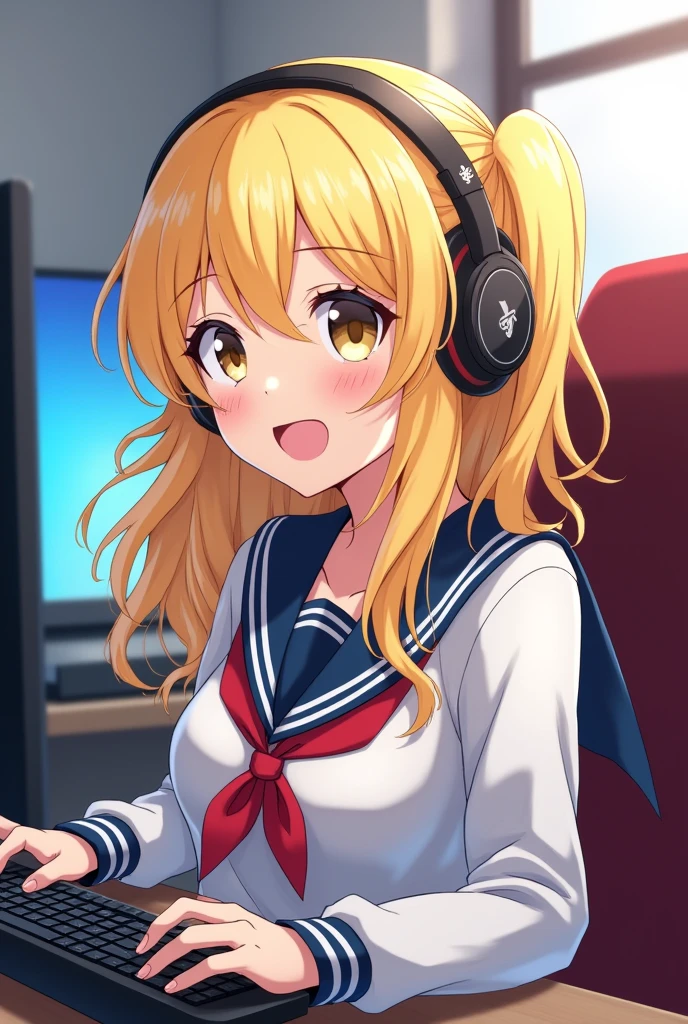 Anime style Kasukabe Tsumugi has a gamer headset and smiling. She is the girl with yellow hair. But with hair a little longer like the original anime character. A little away from the camera and a background more than a quarter. With student clothes. But in streaming.