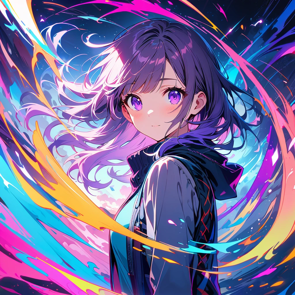 1 girl, Inji, Purple Hair, Purple eyes, Long Hair, Gray Hair, Double Knit, Gradient Hair,Photos that show the beauty of artificial intelligence, Contains striking, vibrant and attractive colors with overlapping symbols and circuits.masterpiece, Top quality artwork. This image is an incredibly detailed 8K CG wallpaper., Art Film Lighting and Cinematic Tones、Equipped with a neutral filter.