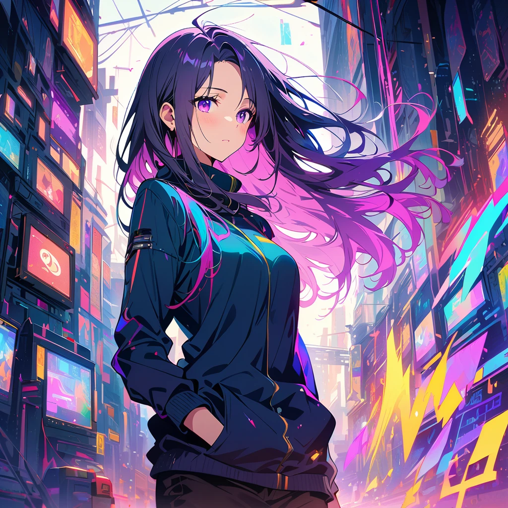 1 girl, Inji, Purple Hair, Purple eyes, Long Hair, Gray Hair, Double Knit, Gradient Hair,Photos that show the beauty of artificial intelligence, Contains striking, vibrant and attractive colors with overlapping symbols and circuits.masterpiece, Top quality artwork. This image is an incredibly detailed 8K CG wallpaper., Art Film Lighting and Cinematic Tones、Equipped with a neutral filter.