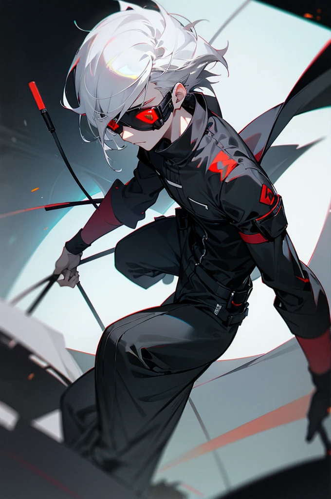 male, young adult, White Hair, Red eyes, Black and gray jumpsuit, SOS Logo, Night vision goggles