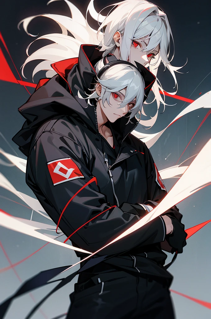 male, adult, White Hair, Red eyes, Black and gray jumpsuit, SOS Logo, Night vision goggles