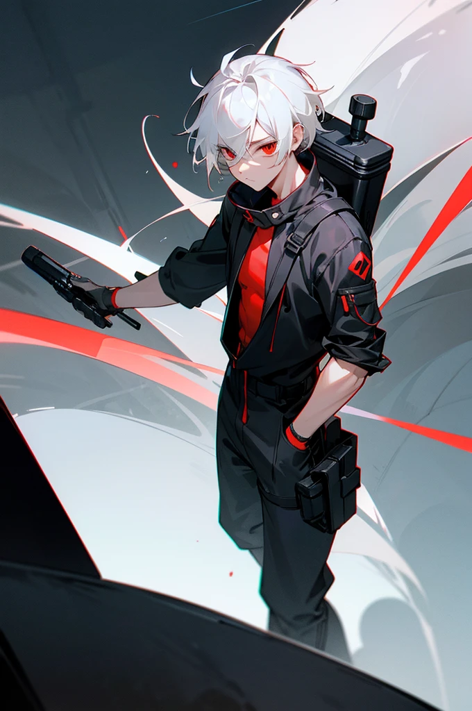 male, young adult, White Hair, Red eyes, Black and gray jumpsuit, SOS Logo, Night vision goggles