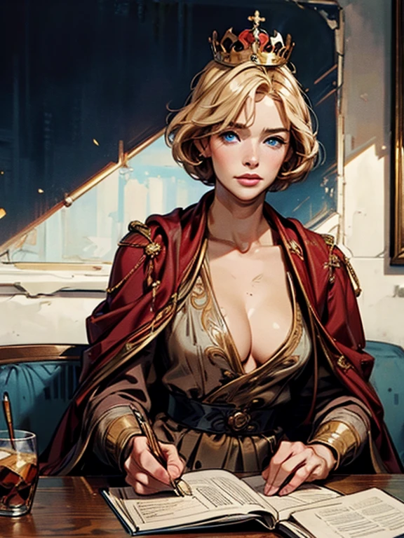 (Masterpiece: 1.2, Best Quality), Realistic, (Realistic Picture, Complex Details, Depth of Field), Best Quality, Masterpiece, Highly Detailed, Semi Realistic, 1 Girl, Mature Female, 21 Years Old, Blond Short Hair, Left Eye Covered with Hair, Blue Eyes, King's Clothes, Red Cloak, Slim Figure, Crown Made of Precious Gold, Reading and Marking Documents, Goose Hair Pen, Office Table, Soft Bench, deep cleavage, round breasts,