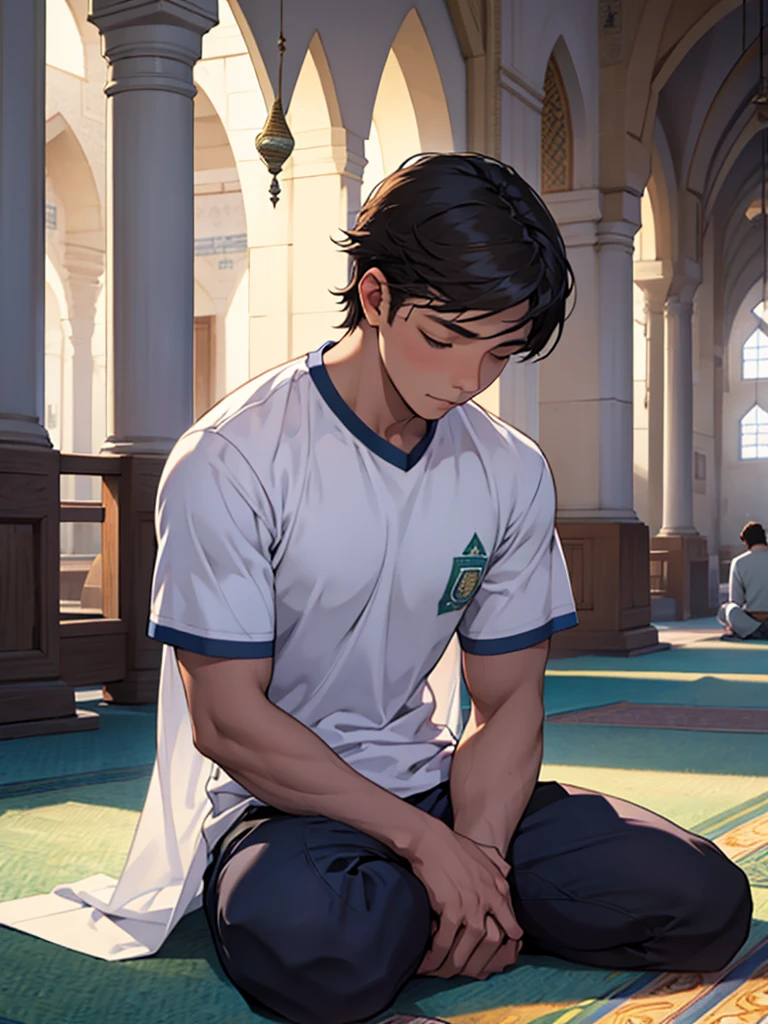 a young man sleeping in a sitting position in a mosque wearing a moeslim shirt