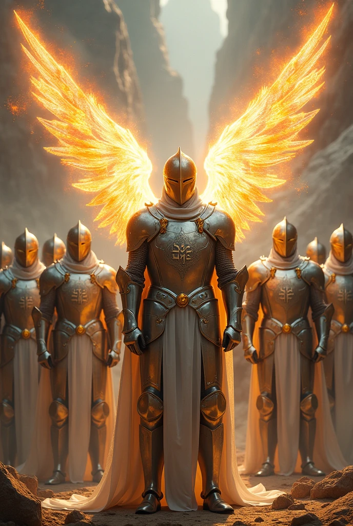 12 Angelic knights with silver-colored knight armor and Aramaic writings and one of them with a General helmet with a golden aura of fire and power and (Diamond Wings lit on fire)