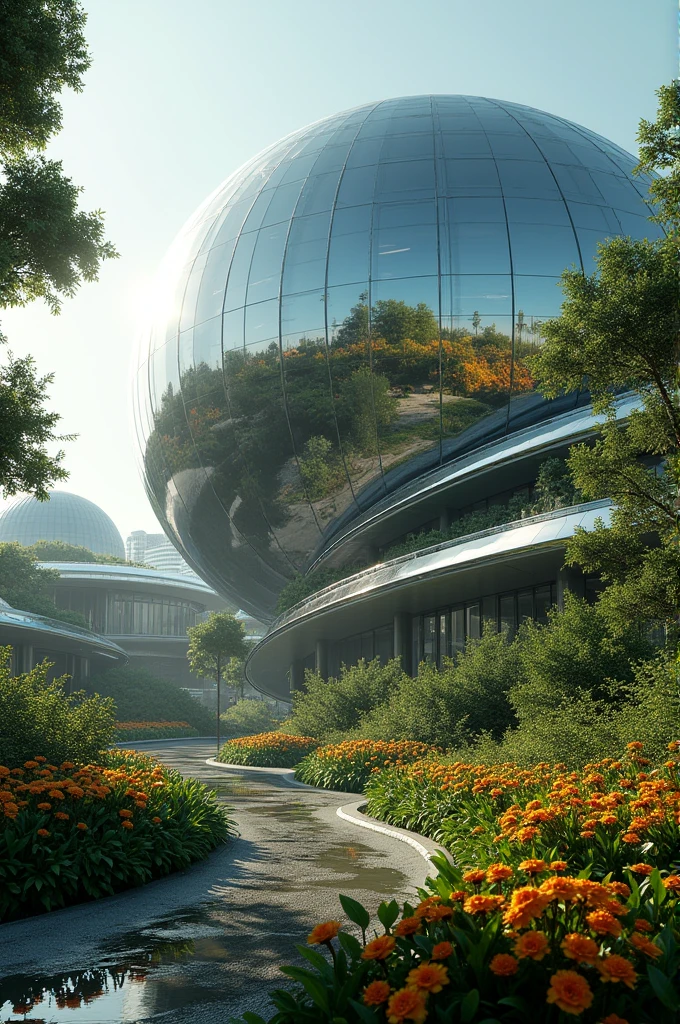 A saturn like future architecture having windows in it of mirrors shining brightly with green  and flowers garden garden