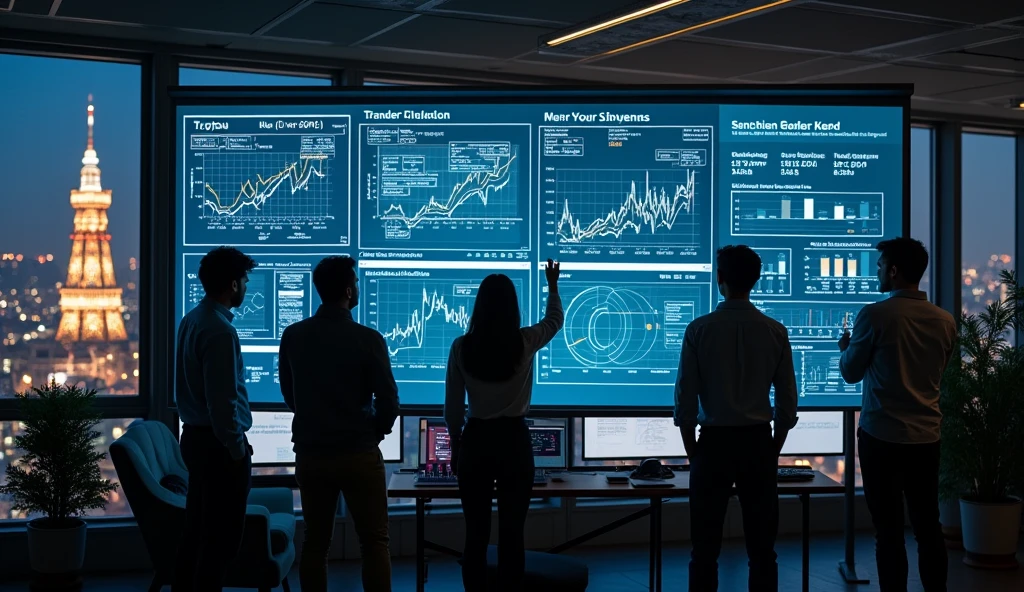 People analyzing the market, with graphs on a blackboard, logos and product data, more than 5 people,  in an office with a view of Tokyo in December with Christmas lights 
