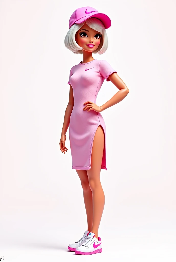Cartoon Barbie with short white hair and brown eyes wearing a tight, calf-length pale pink dress with a slit on one side of the leg ,On the side of the chest the Nike logo,,with short sleeves,with pink nike cap , WHITE TENNIS,White skin