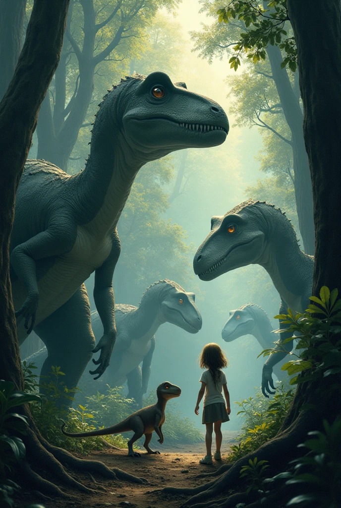 In a deep, ancient forest, where towering trees reach up to the sky and shadows dance among the foliage, a  stands alone, dwarfed by her surroundings. The forest is alive with the presence of massive dinosaurs, their eyes glowing in the dim light. In the midst of these giants, a small, gentle dinosaur with soft eyes and a friendly demeanor approaches the girl. Together, they navigate the mysterious forest, the dinosaur protecting the girl from the looming, more dangerous creatures. The scene captures a blend of adventure, fear, and unexpected friendship in a world where the past and present collide.in cinematic style