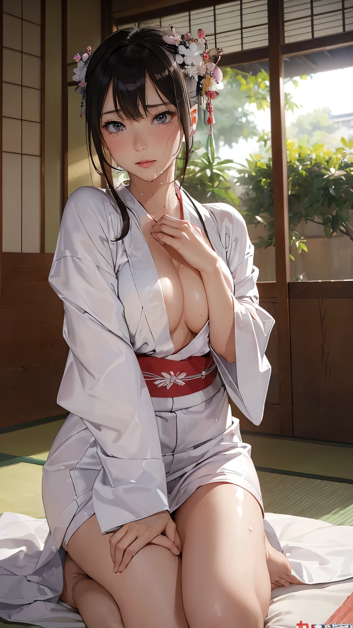 (masterpiece: 1.3), (Maximum resolution: 1.2), (Ultra HD TV: 1.2), Cinematic Light, 8k resolution, Detailed facial features , (Sharp focus: 1.2), (Focus on the face:1.2),Perfect Style, Beautiful Face, Acura, Anatomically correct, Highly detailed face and skin texture, Beautiful Eyes,Beautiful Eyes, Thin eyebrows, Natural Cheeks, Glowing Skin, Fair skin: 1.2, (Glossy Lips: 1.4),、 (Embarrassed look: 1.2),Highly detailed face and skin texture, Natural Cheeks, , Glossy Lips: 1.4,Perfect Style、Cleavage、Soft Breasts、(Semen on chest:1.4)(Cum on thighs 1.2)、 Drenched in sweat、blush、A humiliating look、Anxious expression、Frightened expression、Embarrassed look、anger、sorrow、tears、Open your knees、Spread your legs、 White underwear、Disheveled clothes、sweating、Thin underwear、29-year-old、 clear, A clean-cut woman,1 person、 Upward-facing chest, Japanese-style room、Late Night、Silver Hair、Greenish-gray eyes、Beautiful Eyes、(kimono:1.3)、Stripped clothes、masturbation behavior、On the futon、(仰向けで布団にLying down、Lying down、White sheets:1.7)Styled hair、