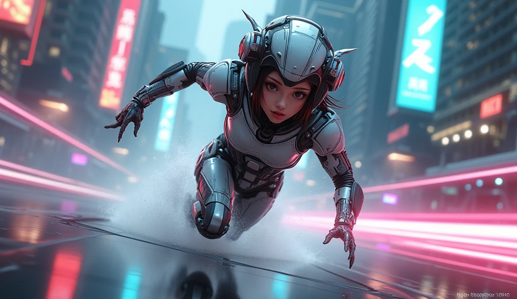 woman in a futuristic suit running with speed in a city, cute cyborg girl, cyborg girl, beautiful girl cyborg wearing matching head robotic cover, face shown, cyborg - girl, cyberpunk anime girl mech, perfect cyborg female, perfect anime cyborg woman, female cyborg, cyberpunk beautiful girl, female cyberpunk anime girl, girl in mecha cyber armor, cyberpunk cyborg, cyberpunk robot, cyberpunk robotic elvish queen, contrast, HDR
