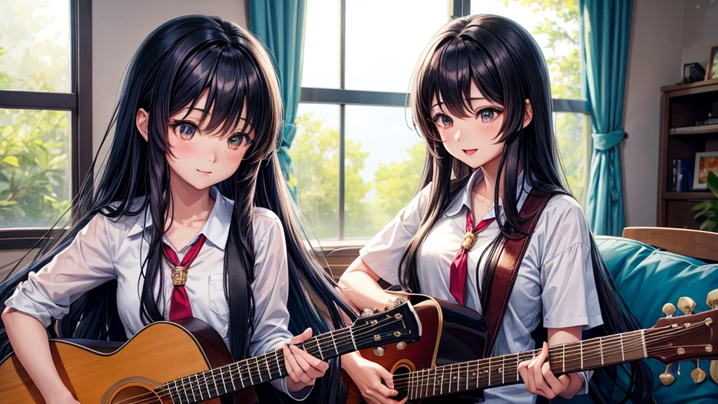 arafed Long haired asian girl playing guitar in front of a window, Kotegawa Yui, Real life anime girls, Anime Girl Cosplay, 白Hime cutヘアスタイル, Chiho, Anime Thai Girl, Ulzzang, Long haired asian girl, kimi takemura, inspired by Miwa Komatsu, Hime cut, Long hair with bangs