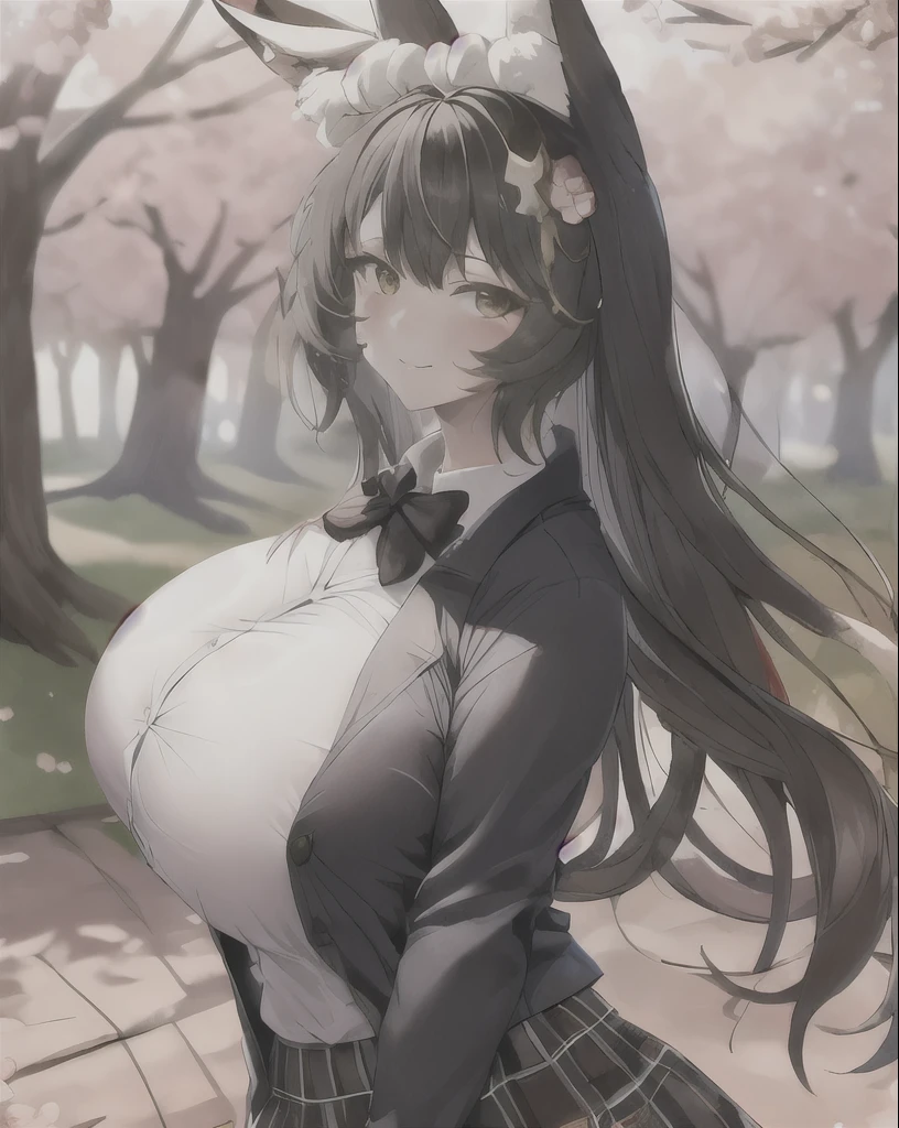 1girl,huge breasts, foxgirl,musashihead, (school uniform),cowboy shot, buttons,shirt,outdoors,cherry blossoms, forest, white background