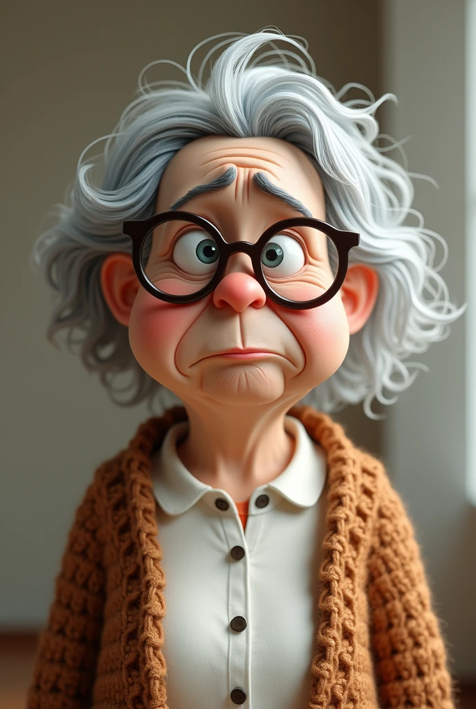 Make 3d cartoon An old woman a little fatty in a plain shirt and brown sweater use eye glasses with a very upsetting face 