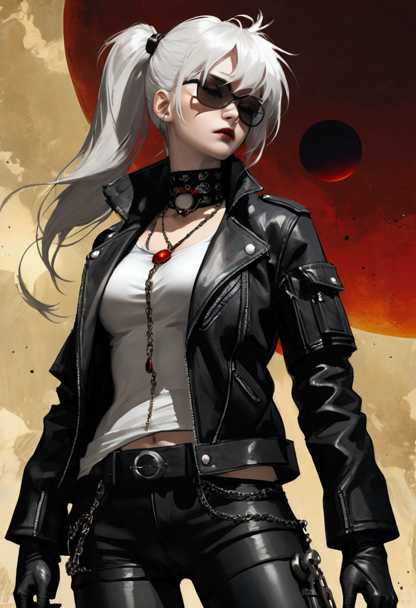 masterpiece, (best quality:1.2),(Ashley Wood Style:1.2),(Nick Vicesi Style:0.6), (Clear focus:1.2),Mature female,White hair,Ponytail, Black Gothic Leather Jacket, Red necklace, stocking, Death Stare, Solar eclipse background, Simple golden background