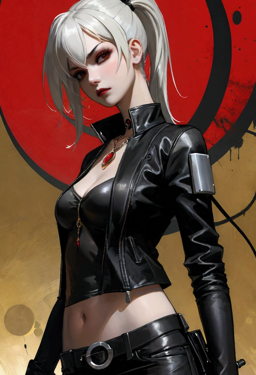 masterpiece, (best quality:1.2),(Ashley Wood Style:1.2),(Nick Vicesi Style:0.6), (Clear focus:1.2),Mature female,White hair,Ponytail, Black Gothic Leather Jacket, Red necklace, stocking, Death Stare, Solar eclipse background, Simple golden background