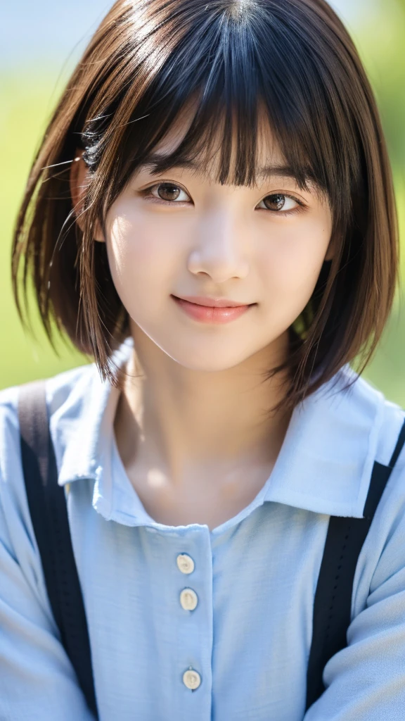 (8k, RAW Photos, Highest quality, masterpiece:1.2), Super detailed, Super Resolution, (Realistic, Realistic Photo:1.37), Portraiture, High-definition RAW color photos, Professional photos, 非常に詳細で美Shii, 非常にDetailed, 8k wallpaper, 素晴らShii、Detailed, Large file size, Official Art, highly detailed CG unity 8k wallpaper, 非常にDetailed美Shii女の子, 非常にDetailed顔, 非常にDetailed目, 非常にDetailed肌, Very elaborate fingers, 非常にDetailed鼻, 非常にDetailedDetailed口 , Perfect Anatomy, 非常にDetailed背景, Very fine clothing, One girl, 16 years old,cute girl, Realistic body, Fair skin, Glowing Skin , The body is slim, Handsome body, Black Hair , short hair, (Blunt bangs:1.2), smile, cute, like々Shii, cute face, Realistic Face, Delicate eyes, Droopy eyes, View your viewers, Look forward, Standing posture, Opposition, Dynamic Lighting, ((Face close-up)), (Mid-chest), (Perfect Body Proportions),