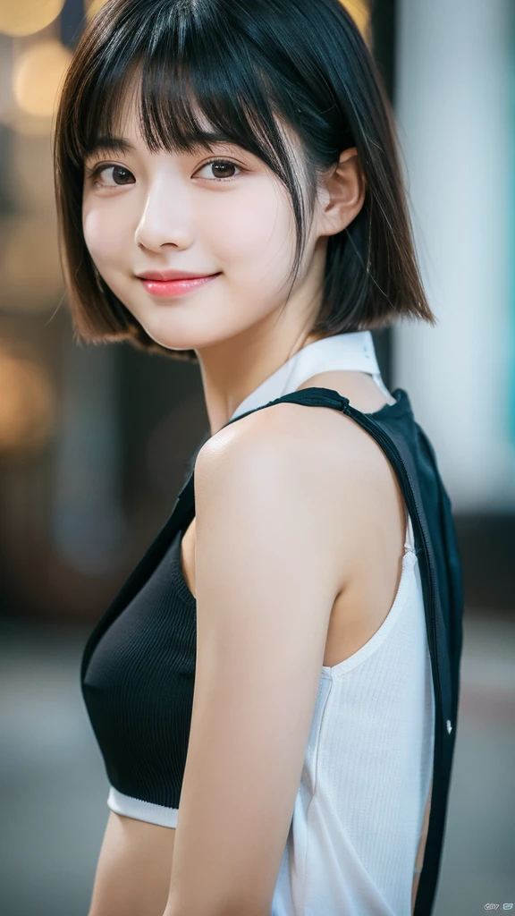 (8k, RAW Photos, Highest quality, masterpiece:1.2), Super detailed, Super Resolution, (Realistic, Realistic Photo:1.37), Portraiture, High-definition RAW color photos, Professional photos, 非常に詳細で美Shii, 非常にDetailed, 8k wallpaper, 素晴らShii、Detailed, Large file size, Official Art, highly detailed CG unity 8k wallpaper, 非常にDetailed美Shii女の子, 非常にDetailed顔, 非常にDetailed目, 非常にDetailed肌, Very elaborate fingers, 非常にDetailed鼻, 非常にDetailedDetailed口 , Perfect Anatomy, 非常にDetailed背景, Very fine clothing, One girl, ,cute girl, Realistic body, Fair skin, Glowing Skin , The body is slim, Handsome body, Black Hair , short hair, (Blunt bangs:1.2), smile, cute, like々Shii, cute face, Realistic Face, Delicate eyes, Droopy eyes, View your viewers, Look forward, Standing posture, Opposition, Dynamic Lighting, ((Face close-up)), (Mid-chest), (Perfect Body Proportions),
