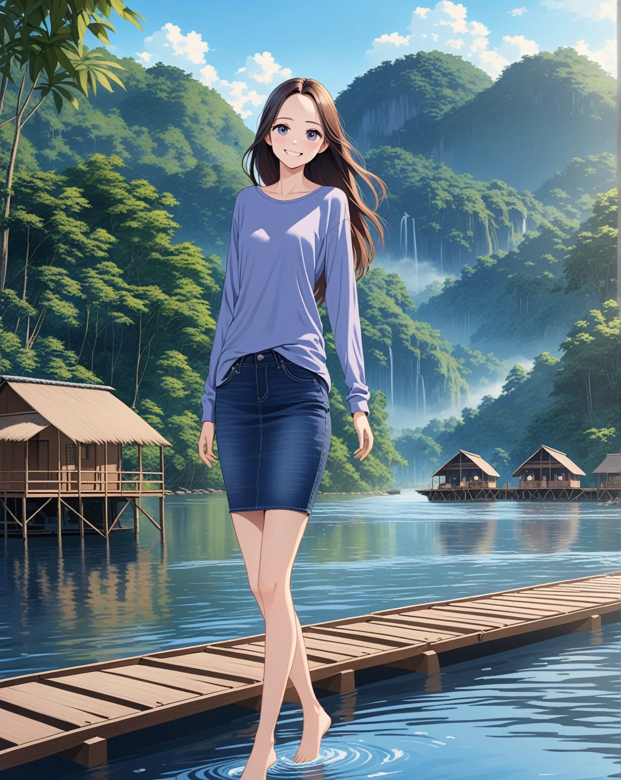 realistic anime illustration of adorable young woman is smiling with braces at floating raft house on river, River Kwai bridge scenery, she has a long hair and forehead, she wearing pastel indigo-blue long sleeve t-shirt, dark navy-blue denim pencil skirt, (1girl, solo, full body), (masterpiece, best quality, japanese anime style), (expressive eyes, perfect face)