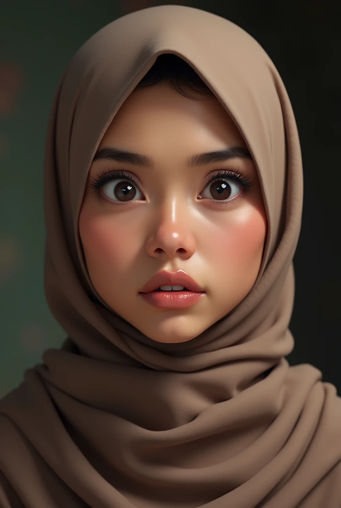 a young Indonesian mother aged 28 years wearing a light brown headscarf with bright red lips, big breasts and curvy hips