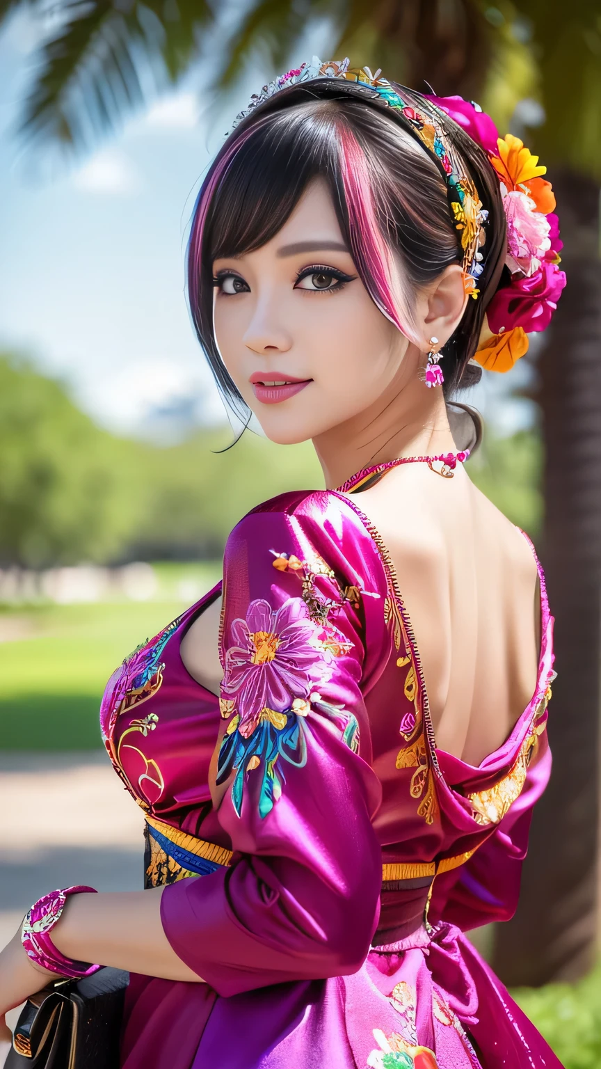(masterpiece:1.4), (Highest quality:1.4), 超High resolution, 超High resolutionolution, ((Detailed facial features)), High resolution, (Realistic, photoRealistic, photo-Realistic:1.37), Whole Body Ezbian, Sexy Vietnamese Model, (-anime), Vibrant colors, ((Vibrant colors multicolor (pink, fuchsia, purple) Very short hair)), (Smile), Lip gloss, Long eyelashes, Ultra-detailed metallic makeup, Well-defined eyebrows, Wearing large, sparkling, colorful jewels, She is wearing a red silk Paradise Kiss cosplay dress with black floral embroidery, ((Vibrant colors outfit)), Vibrant colors, Looking at the camera, Cinematic Light, wood々Background of a large park with, Sweet and sexy pose