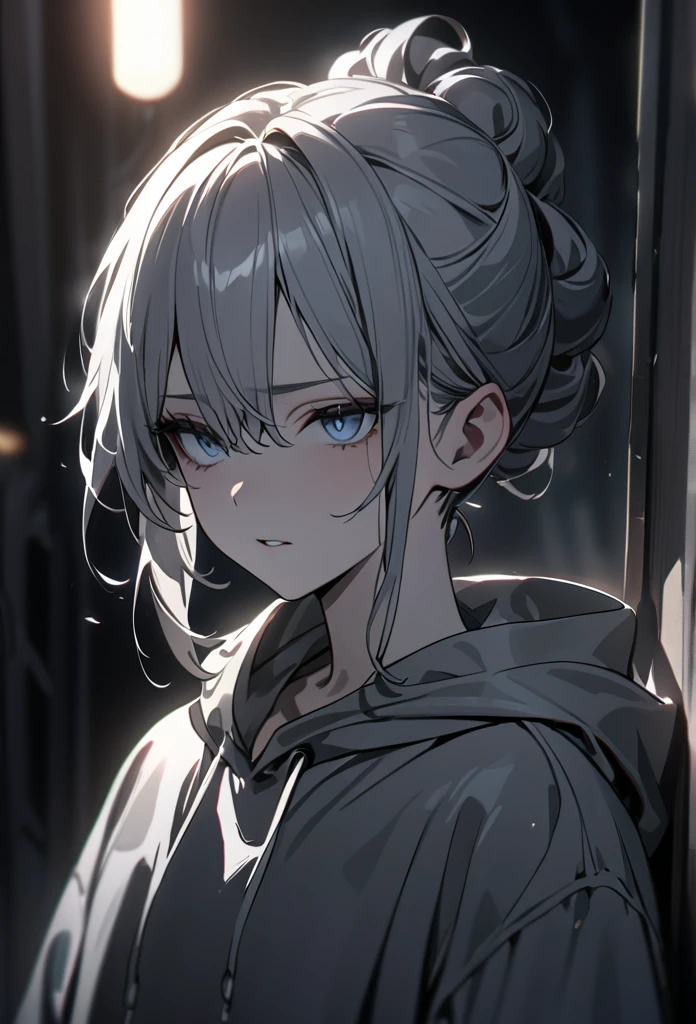 a man with shoulder-length gray hair in a mallow hairstyle, blue tired eyes, pale skin, wearing a grey hoodie, (best quality,4k,8k,highres,masterpiece:1.2),ultra-detailed,1.3,dramatic lighting,cinematic, moody lighting, somber mood