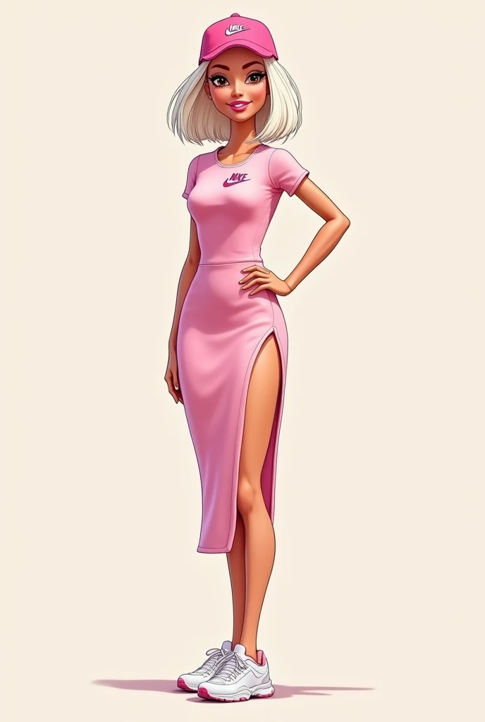 Cartoon Barbie with short white hair and brown eyes wearing a tight, calf-length pale pink dress with a slit on one side of the leg ,On the side of the chest the Nike logo,,with short sleeves,with pink nike cap , WHITE TENNIS,White skin