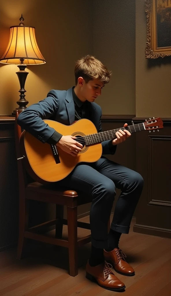 An oil painting of a young man sitting on a wooden chair in a slightly dimly lit clubroom and playing a classical guitar.