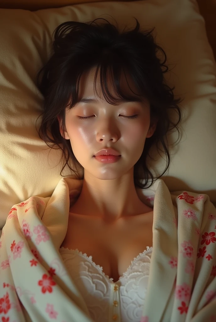 A very cute face like an idol、like々A 20-year-old woman with a cute face、Gentle and cute、(((Japanese Yukata)))、(night)、((Japanese-style room futon in a Japanese inn))、(((Lying down and fast asleep)))、(((Cleavage and thighs are visible)))、(((Full body portrait)))、RAW Photos、Genuine、High resolution