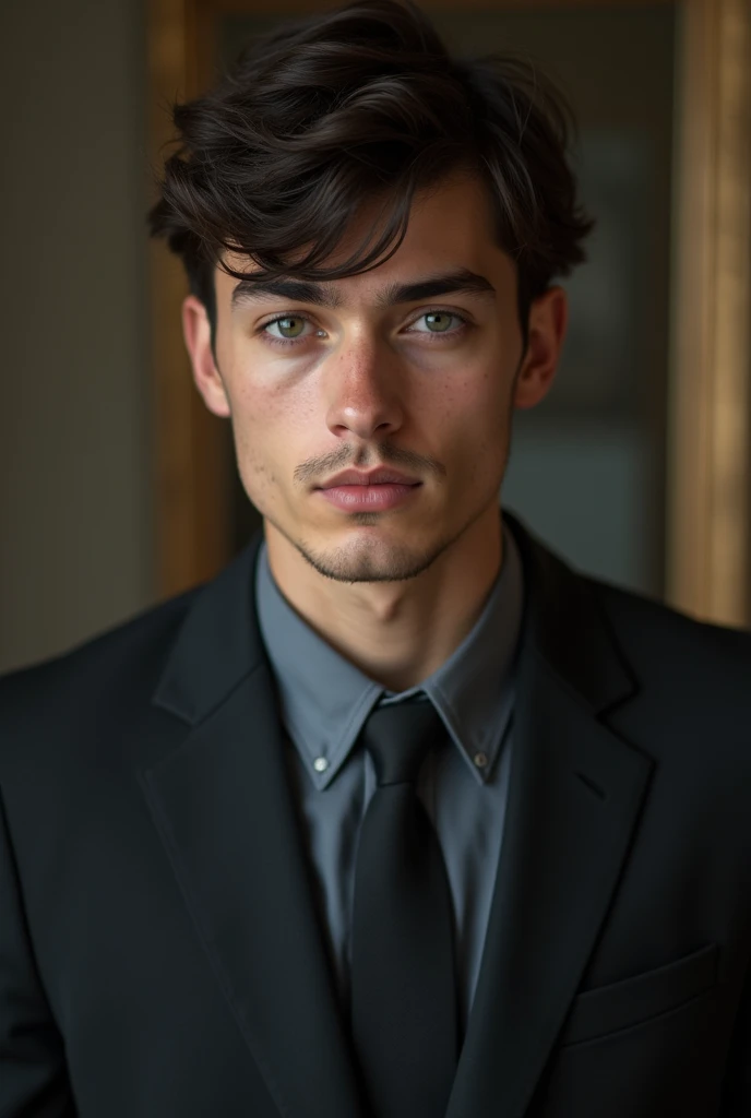 work of art, best qualityer, realisitic, 1 person, mature man, quiet and charming young man, age 25, serious look, cloused mouth, portraite, extreme detailed face, cold smile, ((dark gray eyes)), ((Straight Sweep Short Dark Brown Hair)), [thick eyebrows], ((Suit)), bonitas, lesbian full body, western, Jewish, light brown skin,Stand in front of the mirror，Organize your clothes