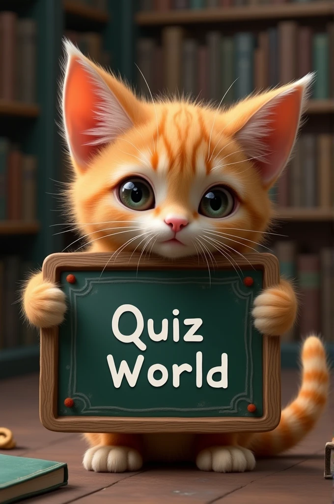 A cat with a board where is written 'Quiz world'