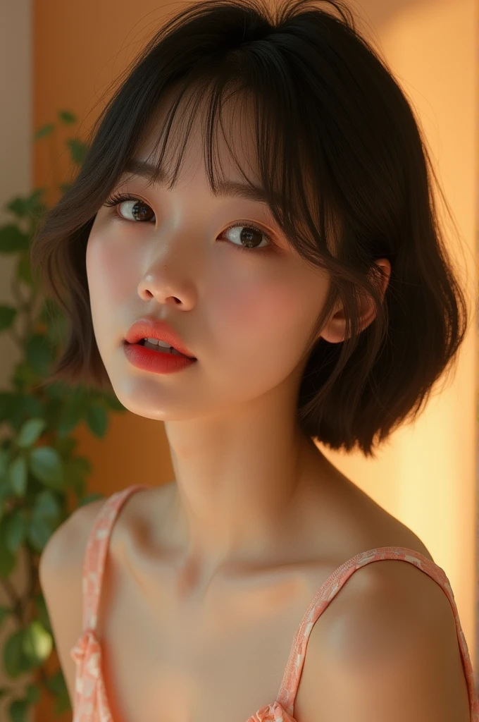 best quality , masterpiece , perfect face , young girl , bob short hair , korean beauty , shy face , vocal cover , summer sexy shirt , american pops , blunt bangs