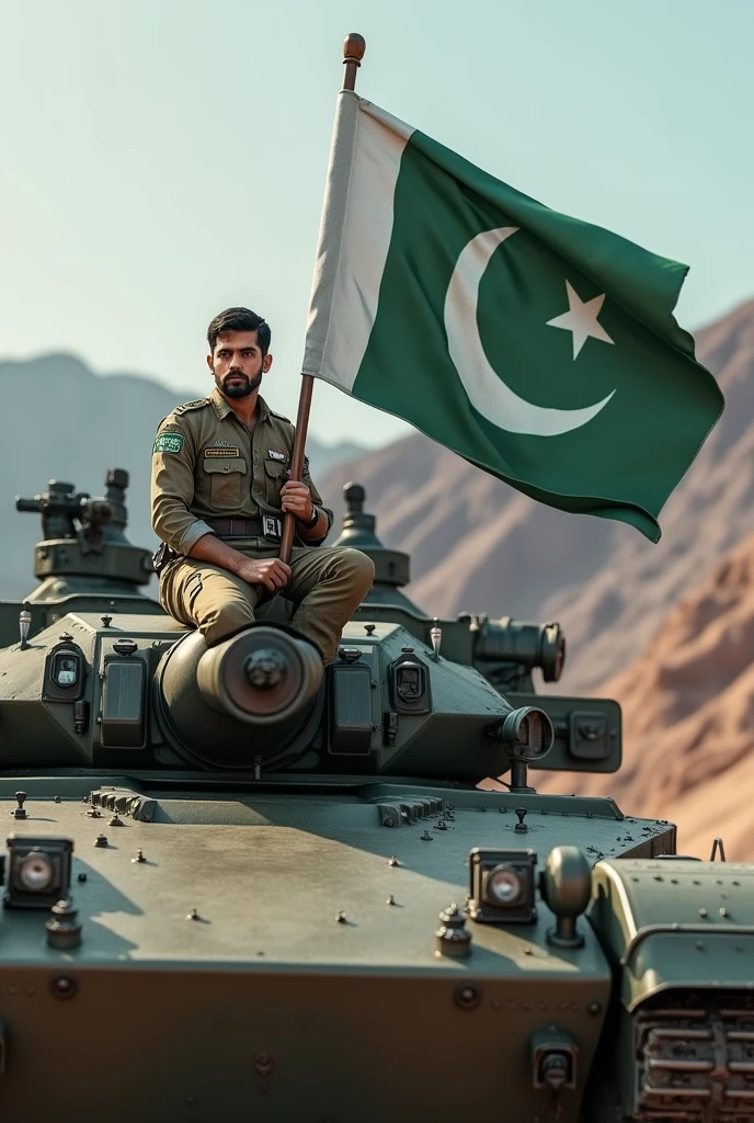 Generate a Realistic 3d 25 years old boy  army dress,and holding the Pakistani flag in his hand, sitting on army tank with flag, Create 3d Realistic image high quality