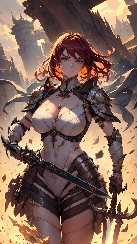 (masterpiece, 4K ,Super detailed:1.2), (anime:1), (Perfect quality), (((Adult body))), ((Swinging a big sword, Combat Ready)), The whole body is shown, Looking at the viewer, Big body, Commander of the army、Black Armor, Heavy equipment, A look of contempt, Red hair, brutal, violent