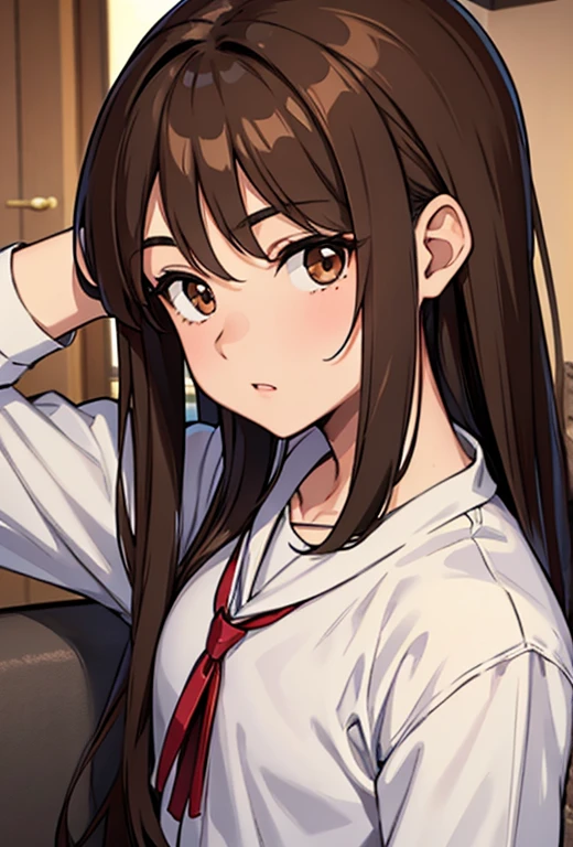 1 young and handsome boy, brown hair, long hair, brown eyes