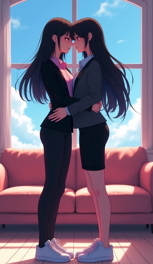 Two girls, long black hairs, yuri
(The first girl wear a black suit, pink shirt, black pencil skirt, black underpants, black tights, white socks, white sneakers)
(The second girl wear a black suit, grey shirt, black pencil skirt, black underpants, black tights, white socks, white sneakers)
hugging, sensual body, her hand going to under her black skirt, living room, blue sky, novel cartoon, 4K, HD