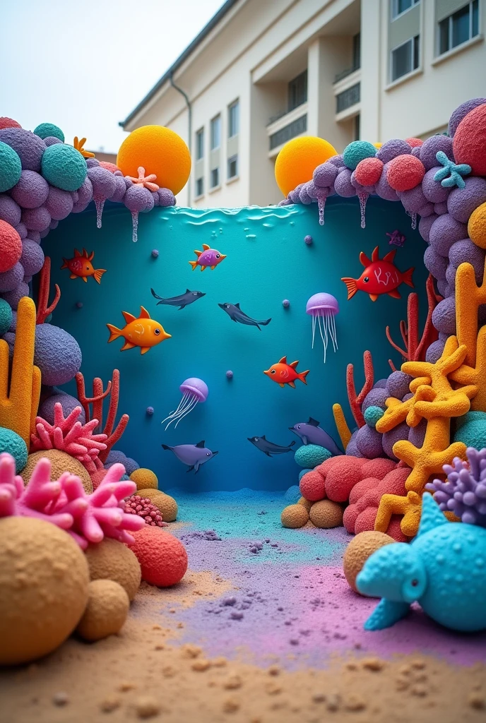 Create an attractive and skillful colorful sand sculpture two corals, two tropical fish, two jellyfish, two divers and two dolphins by the University of the Arts. #prompt#spell