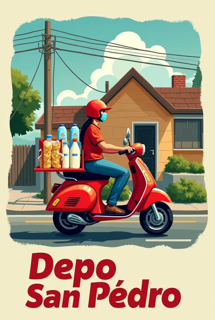 2d drawing Red delivery motorcycle with groceries and milk, cereal and bottled drinks, Behind her a house with a triangular roof and below the letters Depo San Pedro