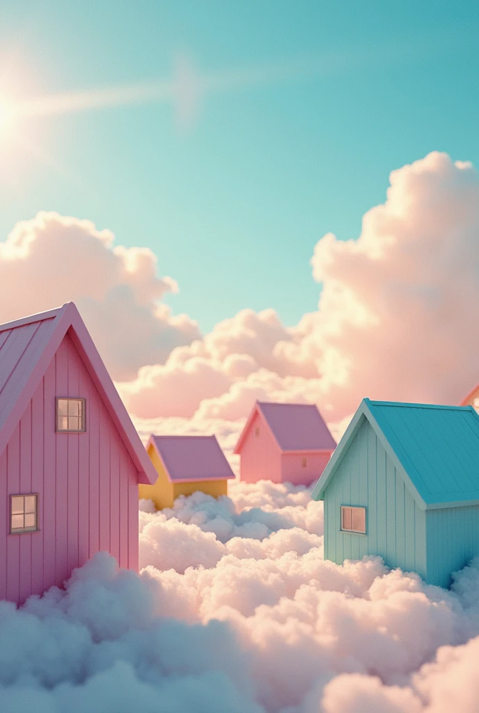 houses, pastel colors, cotton clouds, surreal atmosphere, raw photo, 35mm