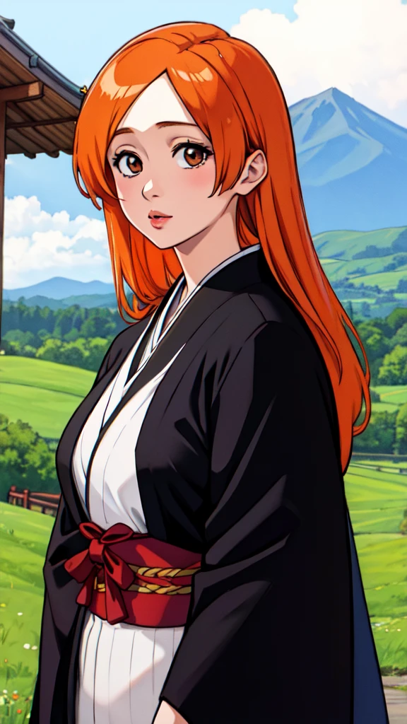 Masterpiece,best quality,high resolution, 1 girl,Inoue Orihime, long orange hair,black kimono busty,NFSW,portrait,BG Rural area in Japan,