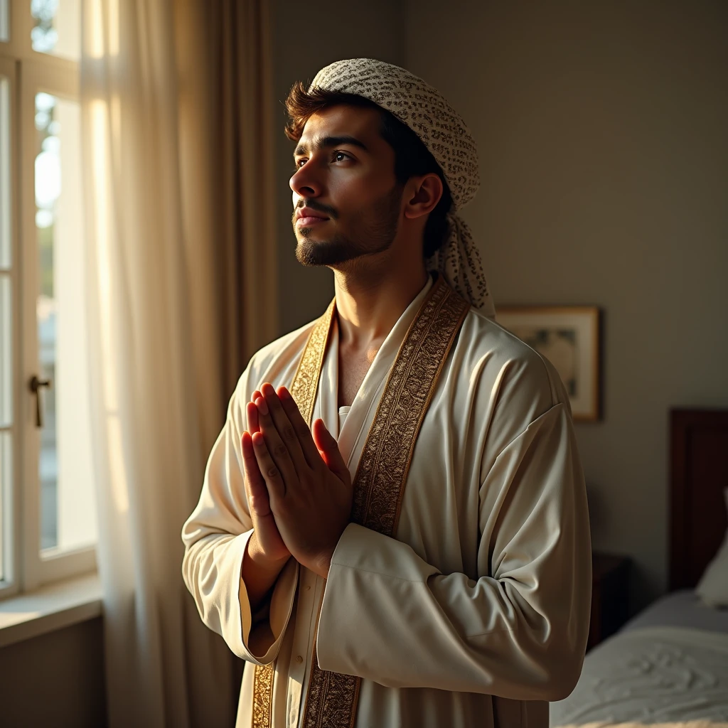 Create a realistic photo of Muslim young man wake up early in morning with islamic dress