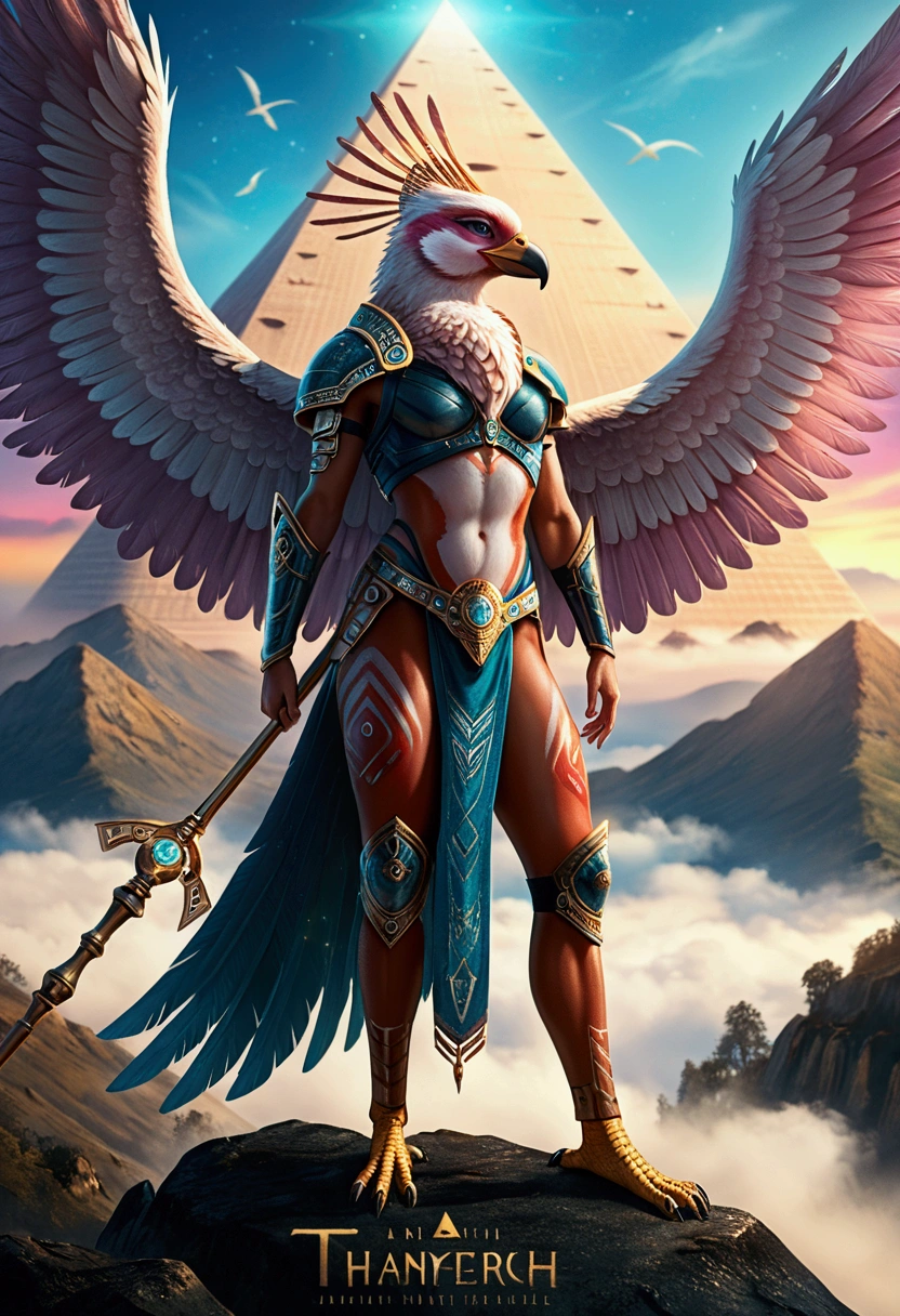 a poster featuring a majestic, human-avian bird, black African genetic features, deity standing holding a futuristic Ankh ☥ shape staff. He has an elaborate feathered wings and regal, high-tech, sci-fi, futuristic armor adorned with intricate patterns. The background should include a fantastical landscape with floating pyramids, vibrant skies, and distant mountains., symmetrical epic fantasy art, fantasy art behance, mystical atlantean valkyrie, tomasz alen kopera and cgsociety, epic fantasy sci fi illustration, artgerm julie bell beeple, official poster artwork, epic scifi fantasy art