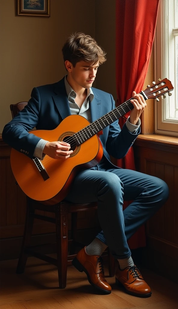 An oil painting of a young man playing a classical guitar while sitting on a wooden chair in a slightly dimly lit club room.